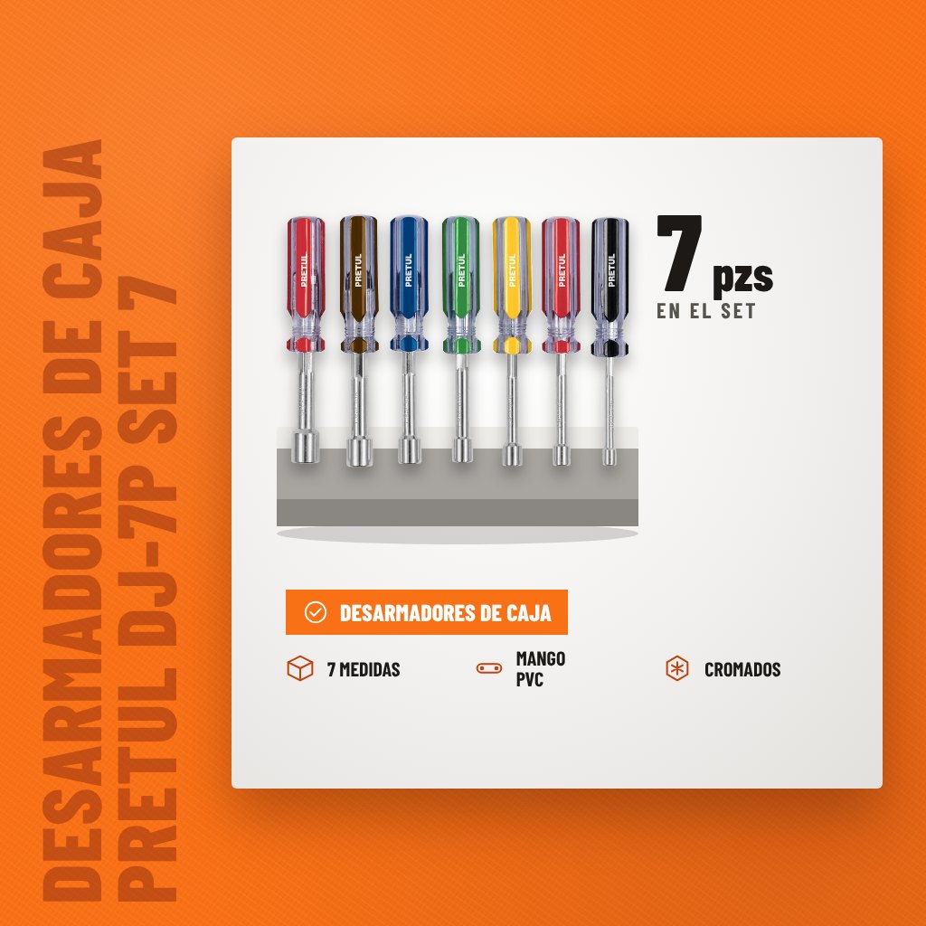 Desarmadores de Caja Pretul DJ-7P Set 7 Piezas Acero sobre soporte con sus beneficios principales