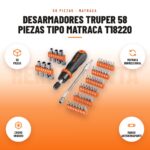 Desarmadores Truper 58 Piezas Tipo Matraca T18220: imagen promocional con 58 piezas, matraca bidireccional, cromo vanadio, mango antiderrapante