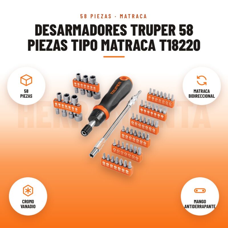 Desarmadores Truper 58 Piezas Tipo Matraca T18220: imagen promocional con 58 piezas, matraca bidireccional, cromo vanadio, mango antiderrapante