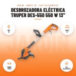 Desbrozadora Eléctrica Truper DES-550 550 W 13": imagen promocional con 550 w, corte 13", mango tipo d, eje telescópico