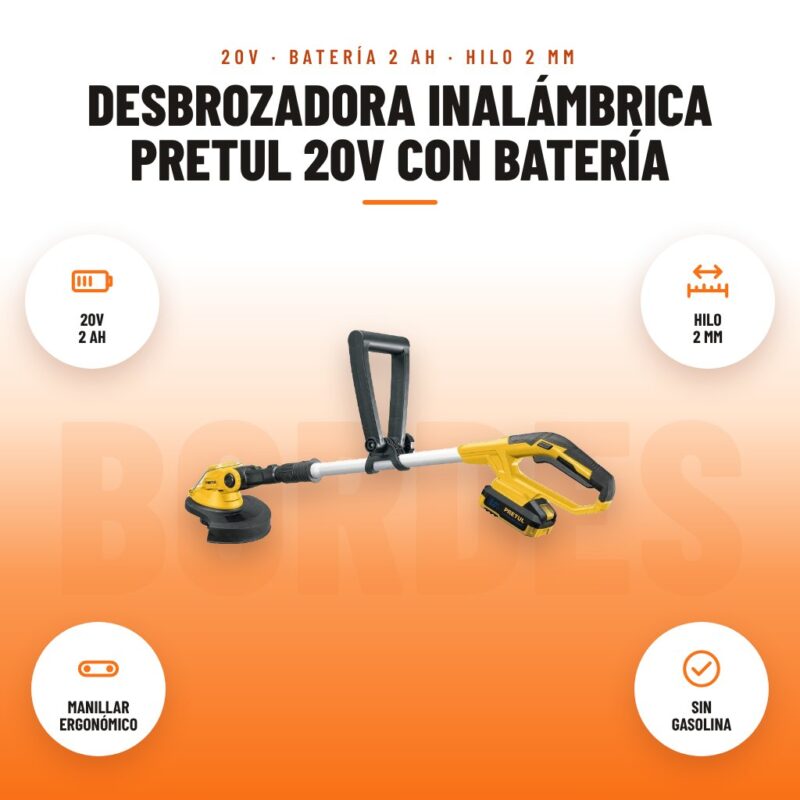 Desbrozadora Inalámbrica Pretul 20V con Batería: imagen promocional con 20v 2 ah, hilo 2 mm, manillar ergonómico, sin gasolina
