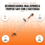 Desbrozadora Inalámbrica Truper 40V con 2 Baterías: imagen promocional con 40v, 2 baterías 2 ah, motor brushless, arnés incluido