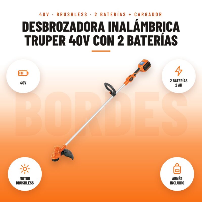 Desbrozadora Inalámbrica Truper 40V con 2 Baterías: imagen promocional con 40v, 2 baterías 2 ah, motor brushless, arnés incluido