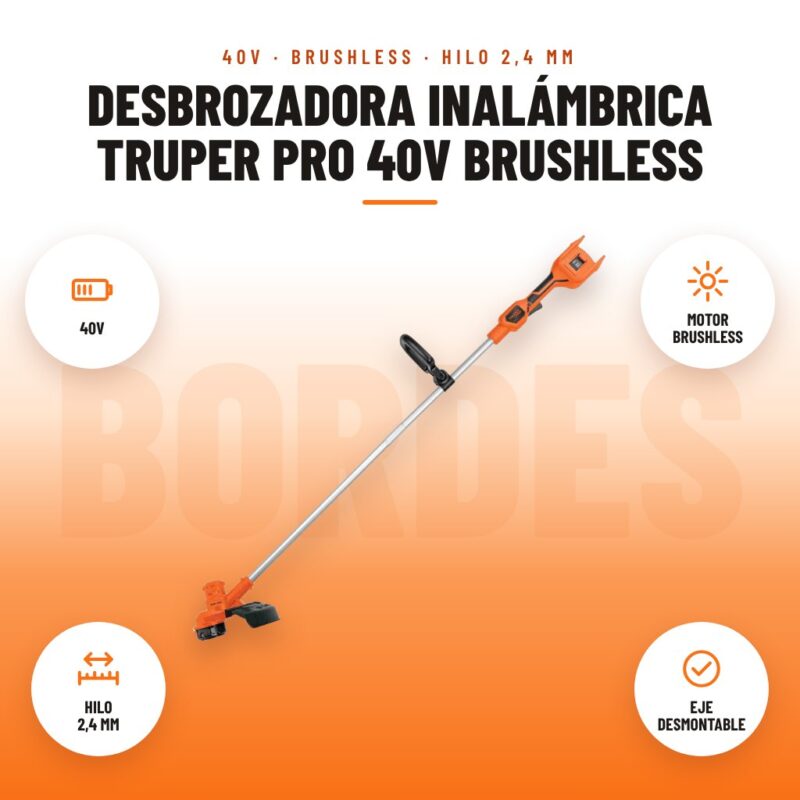 Desbrozadora Inalámbrica Truper Pro 40V Brushless: imagen promocional con 40v, motor brushless, hilo 2,4 mm, eje desmontable