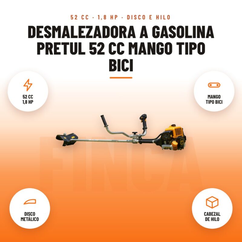 Desmalezadora a Gasolina Pretul 52 cc Mango Tipo Bici: imagen promocional con 52 cc 1,8 hp, mango tipo bici, disco metálico, cabezal de hilo