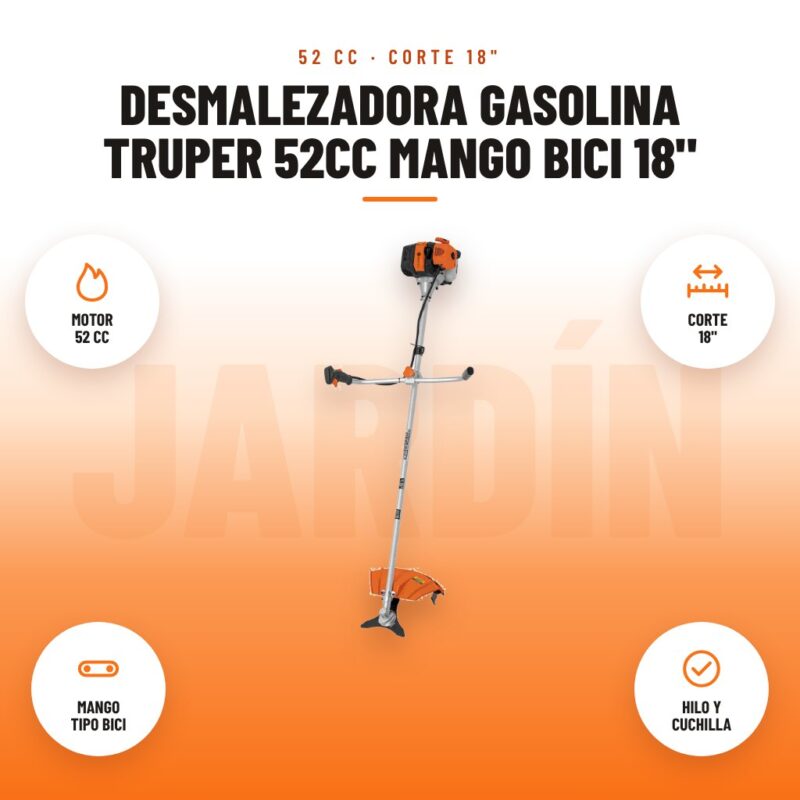 Desmalezadora Gasolina Truper 52cc Mango Bici 18": imagen promocional con motor 52 cc, corte 18", mango tipo bici, hilo y cuchilla