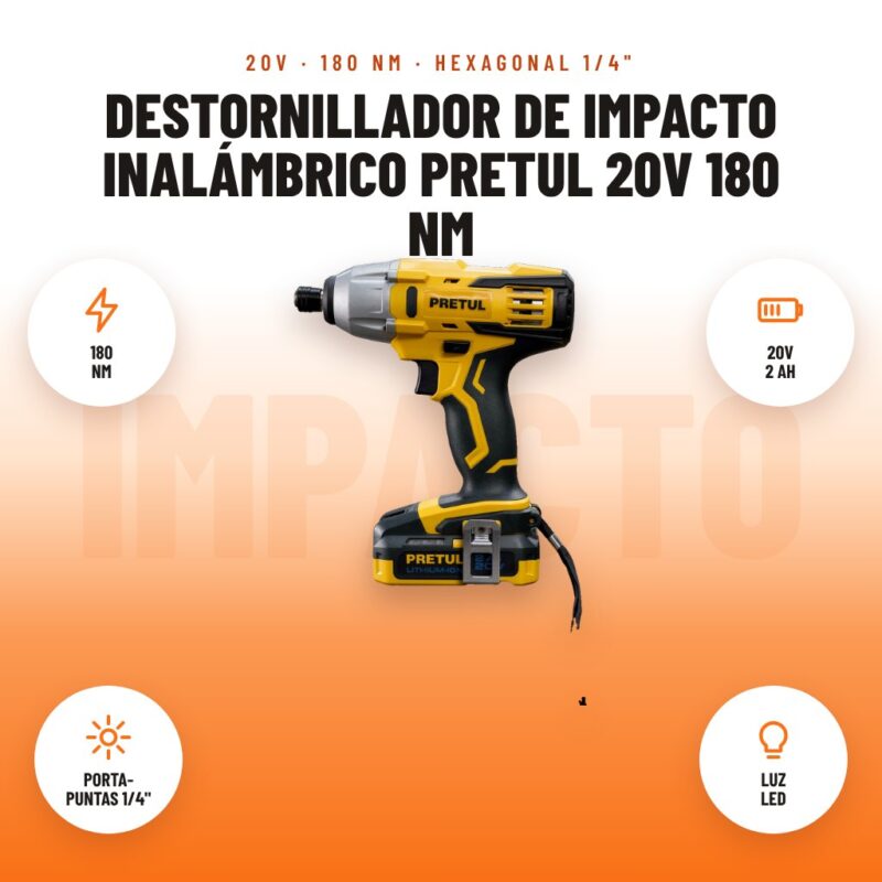 Destornillador de Impacto Inalámbrico Pretul 20V 180 Nm: imagen promocional con 180 nm, 20v 2 ah, porta- puntas 1/4", luz led