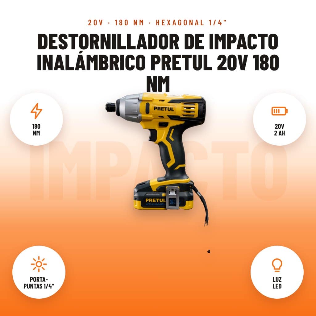 Destornillador de Impacto Inalámbrico Pretul 20V 180 Nm: imagen promocional con 180 nm, 20v 2 ah, porta- puntas 1/4", luz led