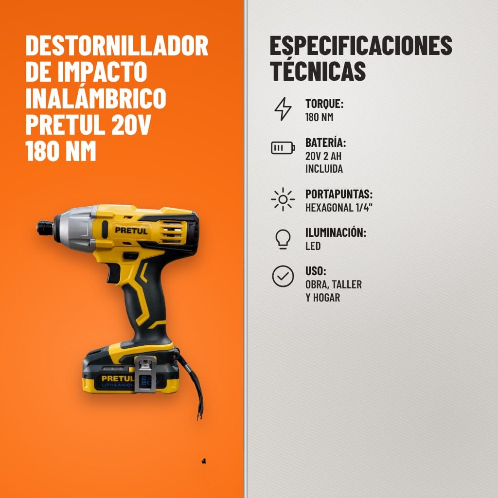 Especificaciones técnicas de Destornillador de Impacto Inalámbrico Pretul 20V 180 Nm