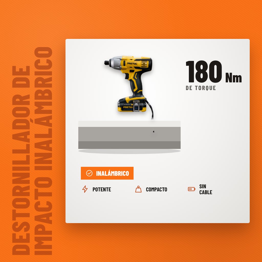 Destornillador de Impacto Inalámbrico Pretul 20V 180 Nm sobre soporte con sus beneficios principales