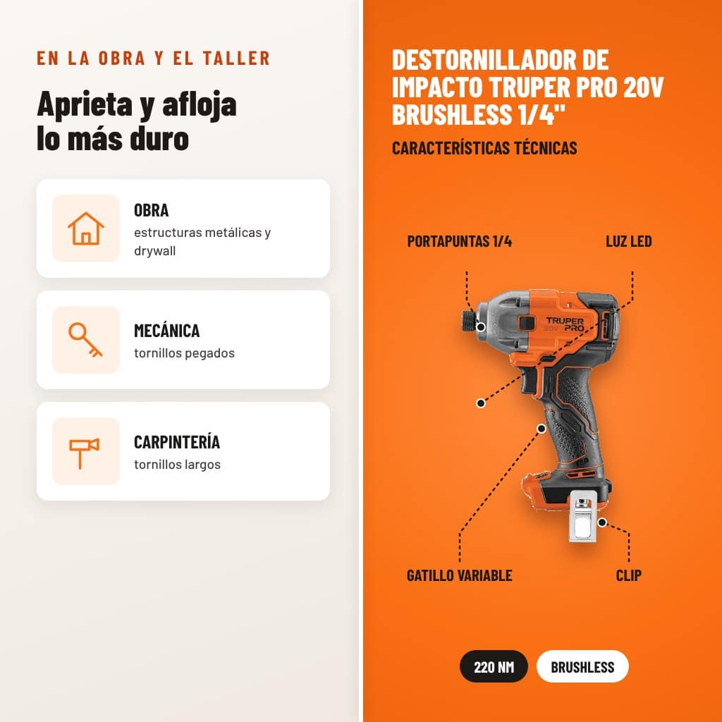 Destornillador de Impacto Truper Pro 20V Brushless 1/4": usos y características técnicas señaladas