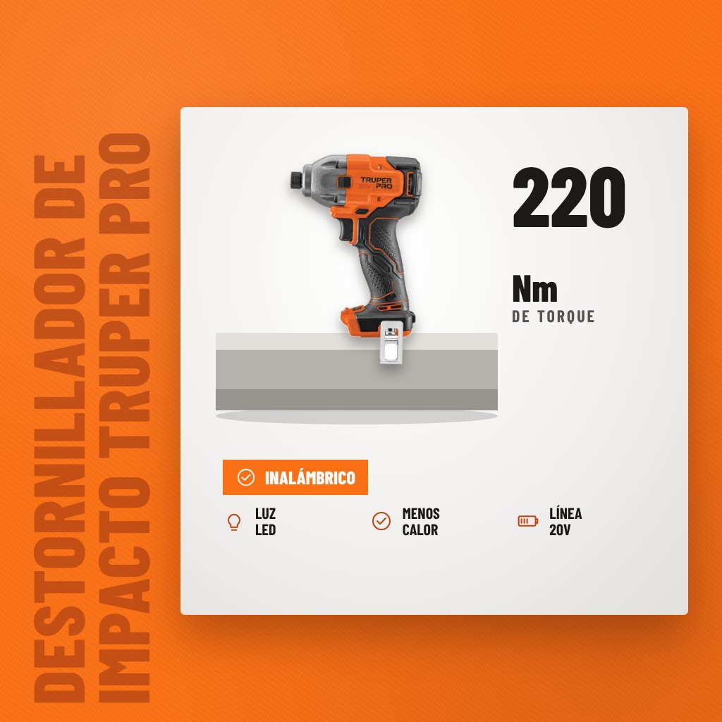 Destornillador de Impacto Truper Pro 20V Brushless 1/4" sobre soporte con sus beneficios principales