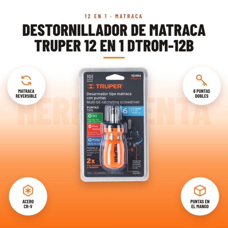 Destornillador de matraca Truper 12 en 1 DTROM-12B: imagen promocional con matraca reversible, 6 puntas dobles, acero cr-v, puntas en el mango