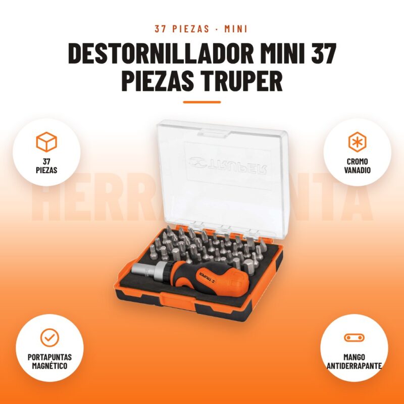 Destornillador Mini 37 Piezas Truper: imagen promocional con 37 piezas, cromo vanadio, portapuntas magnético, mango antiderrapante