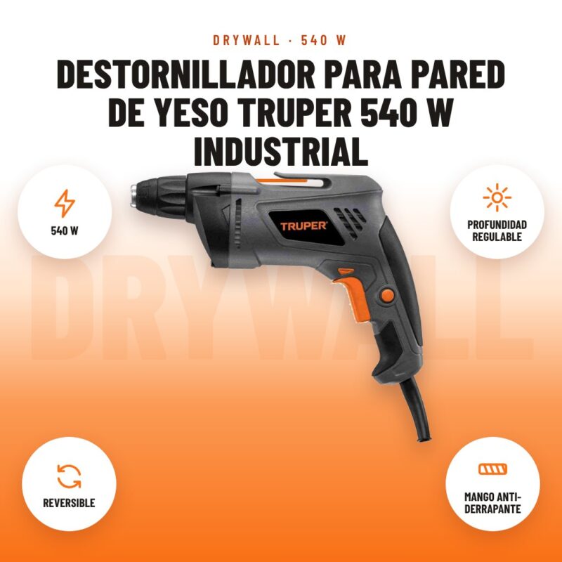Destornillador para Pared de Yeso Truper 540 W Industrial: imagen promocional con 540 w, profundidad regulable, reversible, mango anti- derrapante