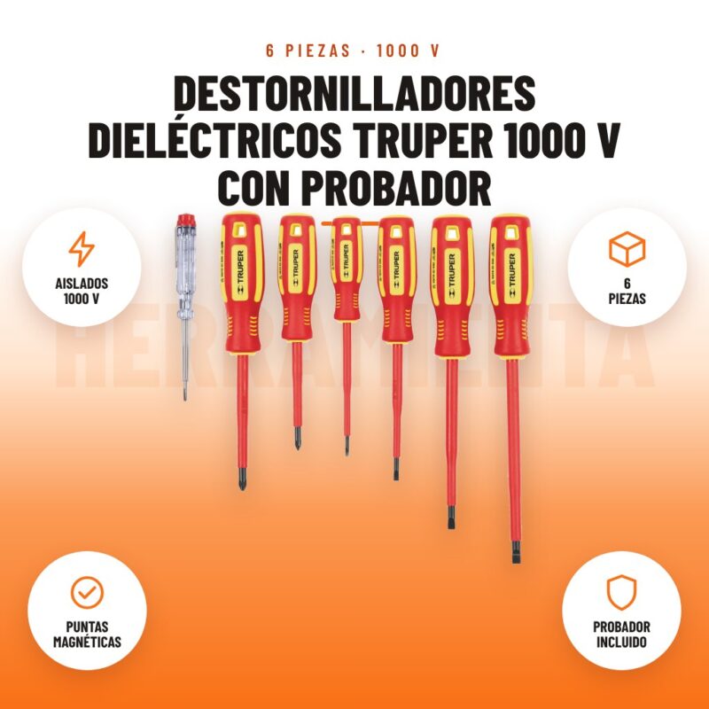 Destornilladores Dieléctricos Truper 1000 V con Probador: imagen promocional con aislados 1000 v, 6 piezas, puntas magnéticas, probador incluido