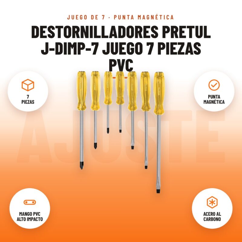 Destornilladores Pretul J-DIMP-7 juego 7 piezas PVC: imagen promocional con 7 piezas, punta magnética, mango pvc alto impacto, acero al carbono