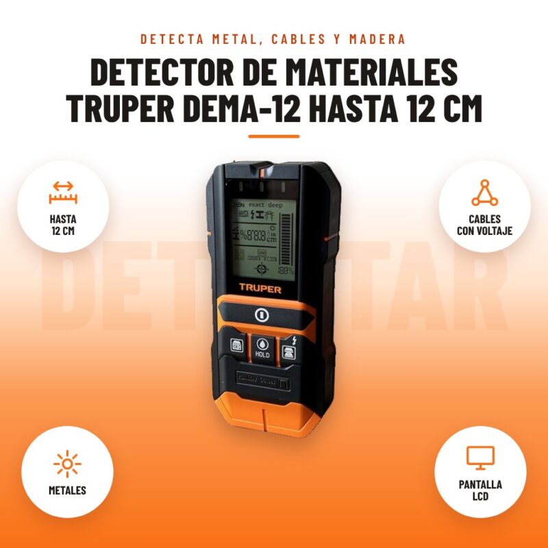 Detector de Materiales Truper DEMA-12 hasta 12 cm: imagen promocional con hasta 12 cm, cables con voltaje, metales, pantalla lcd