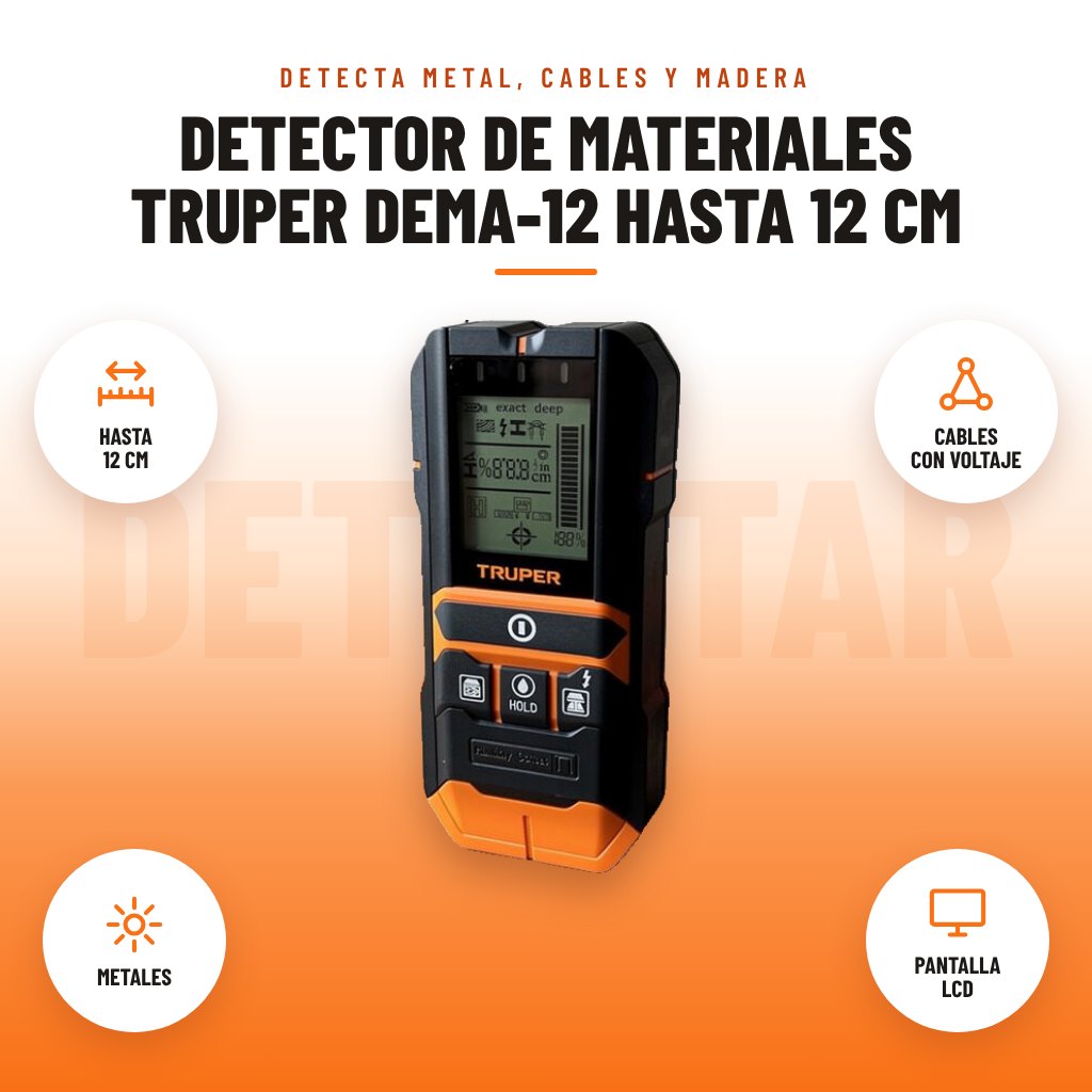 Detector de Materiales Truper DEMA-12 hasta 12 cm: imagen promocional con hasta 12 cm, cables con voltaje, metales, pantalla lcd