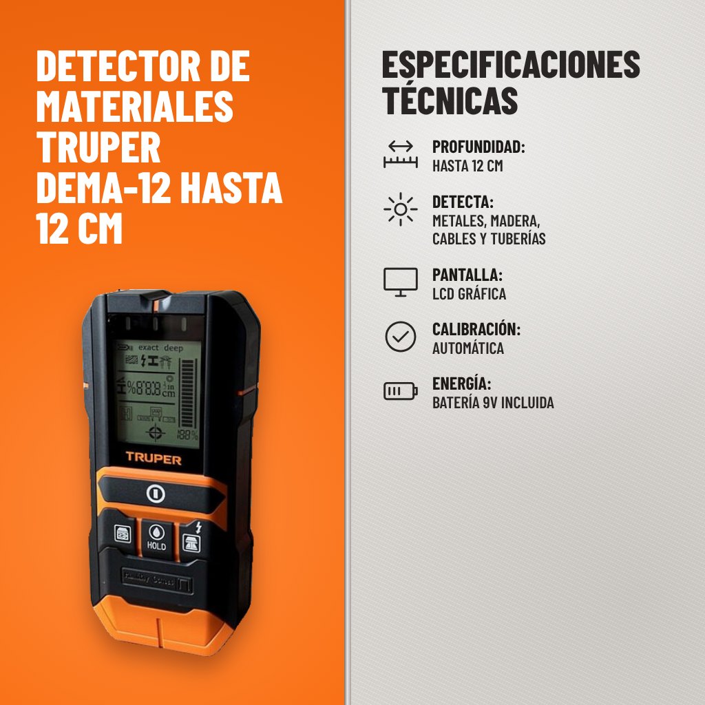 Especificaciones técnicas de Detector de Materiales Truper DEMA-12 hasta 12 cm