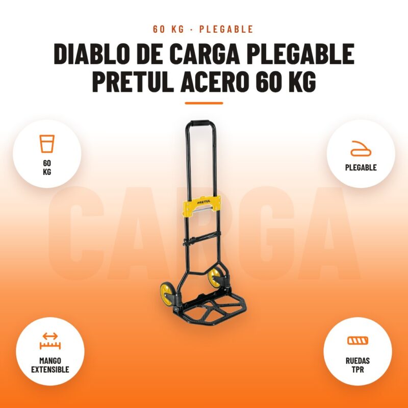 Diablo de Carga Plegable Pretul Acero 60 kg: imagen promocional con 60 kg, plegable, mango extensible, ruedas tpr