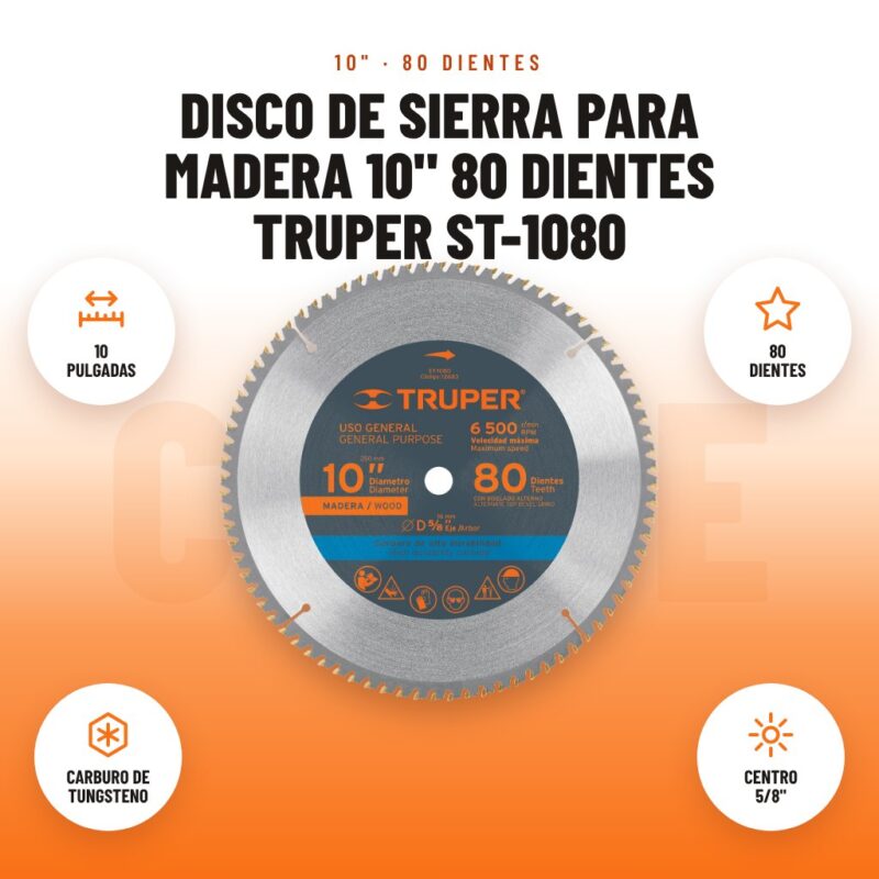 Disco de Sierra para Madera 10" 80 Dientes Truper ST-1080: imagen promocional con 10 pulgadas, 80 dientes, carburo de tungsteno, centro 5/8"