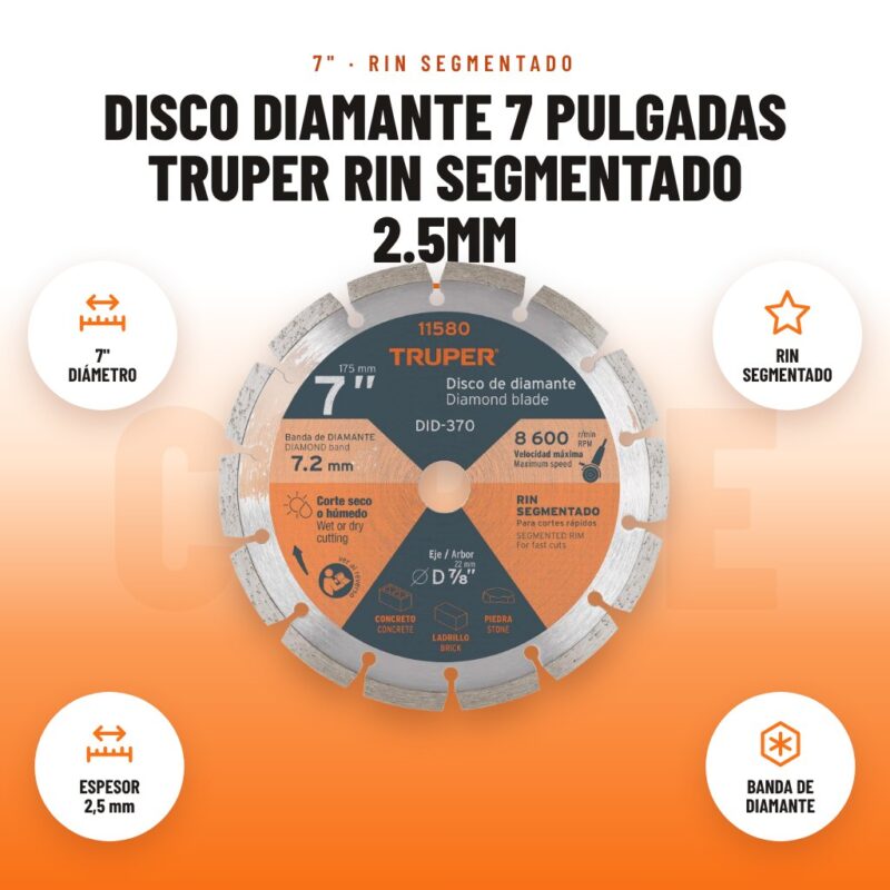 Disco Diamante 7 Pulgadas Truper Rin Segmentado 2.5mm: imagen promocional con 7" diámetro, rin segmentado, espesor 2,5 mm, banda de diamante