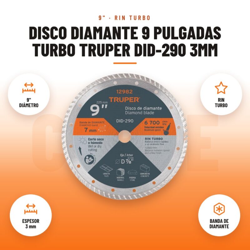 Disco Diamante 9 Pulgadas Turbo Truper DID-290 3mm: imagen promocional con 9" diámetro, rin turbo, espesor 3 mm, banda de diamante