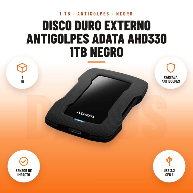 Disco Duro Externo Antigolpes ADATA AHD330 1TB Negro: imagen promocional con 1 tb, carcasa antigolpes, sensor de impacto, usb 3.2 gen 1