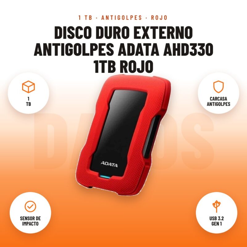 Disco Duro Externo Antigolpes ADATA AHD330 1TB Rojo: imagen promocional con 1 tb, carcasa antigolpes, sensor de impacto, usb 3.2 gen 1