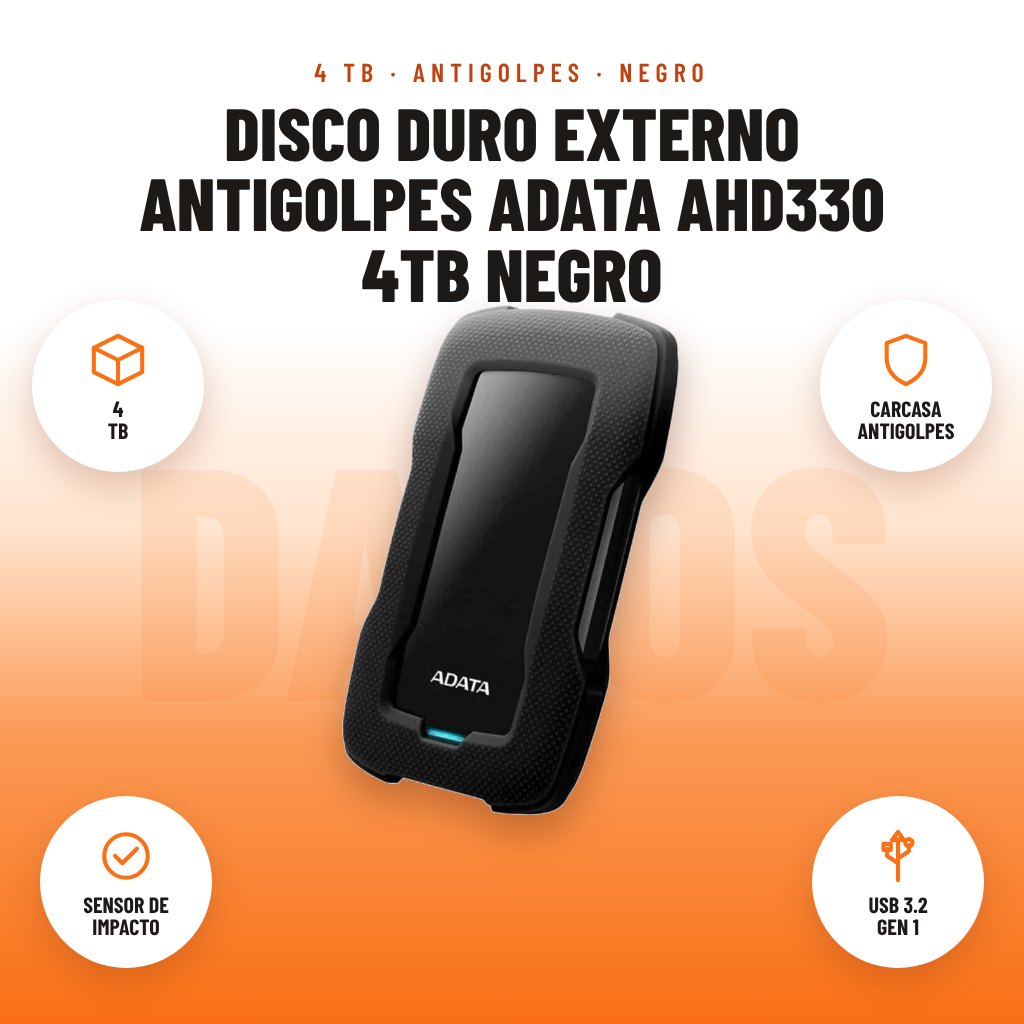 Disco Duro Externo Antigolpes ADATA AHD330 4TB Negro: imagen promocional con 4 tb, carcasa antigolpes, sensor de impacto, usb 3.2 gen 1