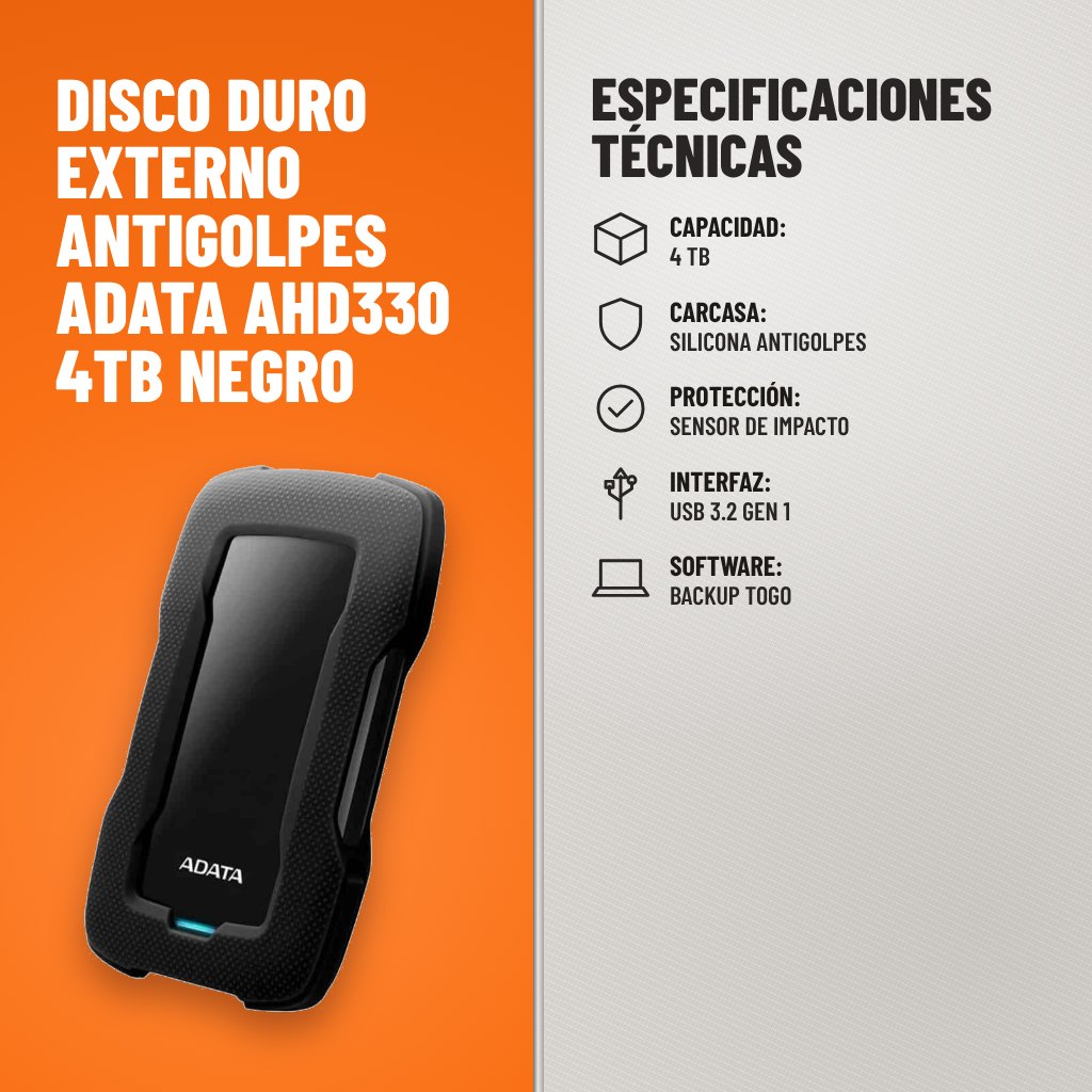 Especificaciones técnicas de Disco Duro Externo Antigolpes ADATA AHD330 4TB Negro