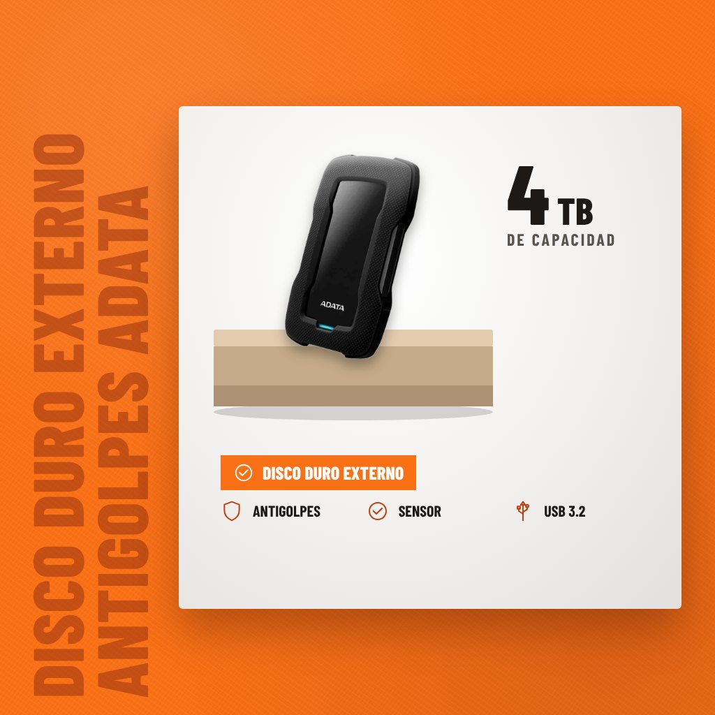Disco Duro Externo Antigolpes ADATA AHD330 4TB Negro sobre soporte con sus beneficios principales