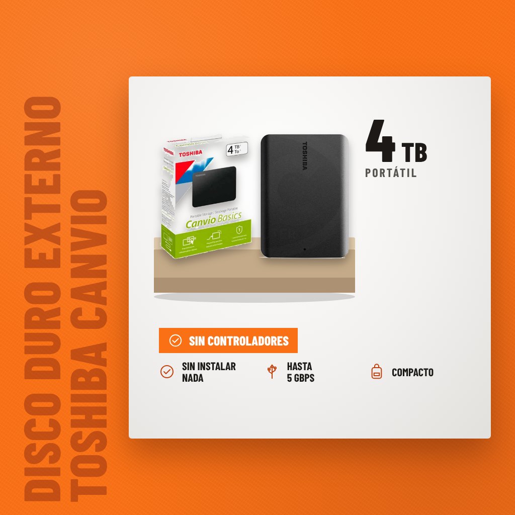 Disco Duro Externo Toshiba Canvio Basics 4 TB sobre soporte con sus beneficios principales