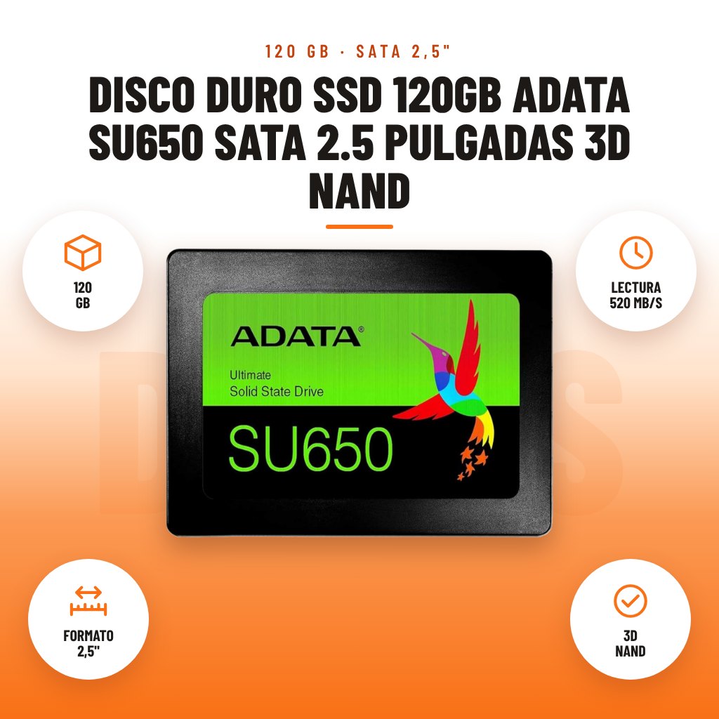 Disco Duro SSD 120GB ADATA SU650 SATA 2.5 Pulgadas 3D NAND: imagen promocional con 120 gb, lectura 520 mb/s, formato 2,5", 3d nand