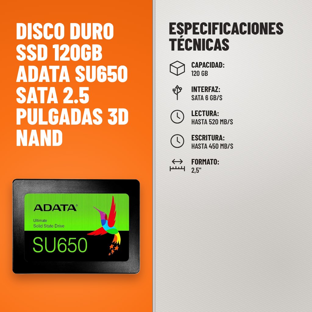 Especificaciones técnicas de Disco Duro SSD 120GB ADATA SU650 SATA 2.5 Pulgadas 3D NAND