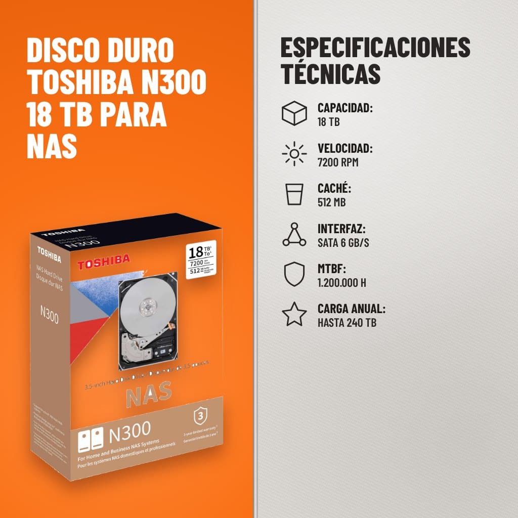 Especificaciones técnicas de Disco Duro Toshiba N300 18 TB para NAS