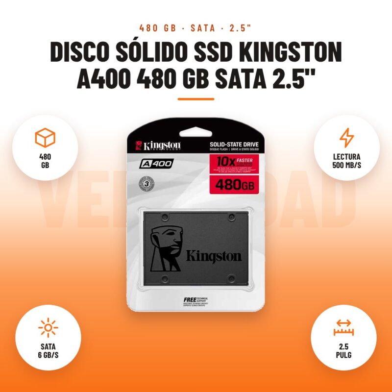 Disco Sólido SSD Kingston A400 480 GB SATA 2.5": imagen promocional con 480 gb, lectura 500 mb/s, sata 6 gb/s, 2.5 pulg
