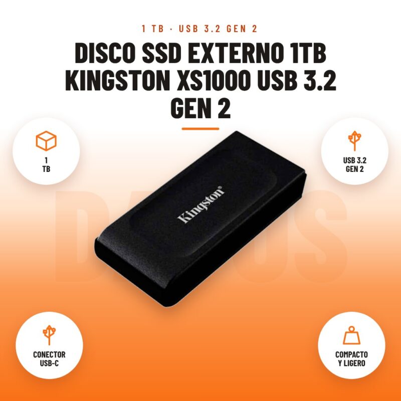 Disco SSD Externo 1TB Kingston XS1000 USB 3.2 Gen 2: imagen promocional con 1 tb, usb 3.2 gen 2, conector usb-c, compacto y ligero