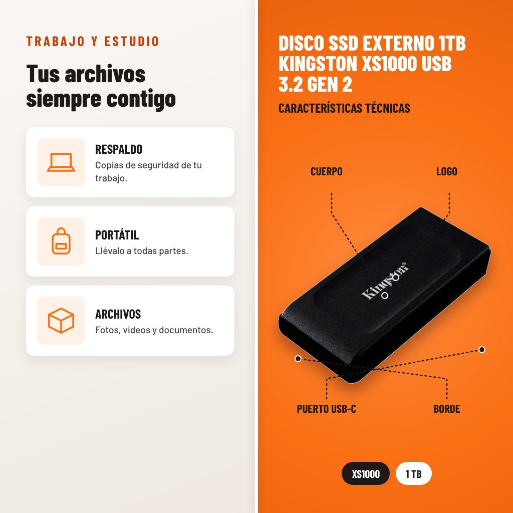 Disco SSD Externo 1TB Kingston XS1000 USB 3.2 Gen 2: usos y características técnicas señaladas