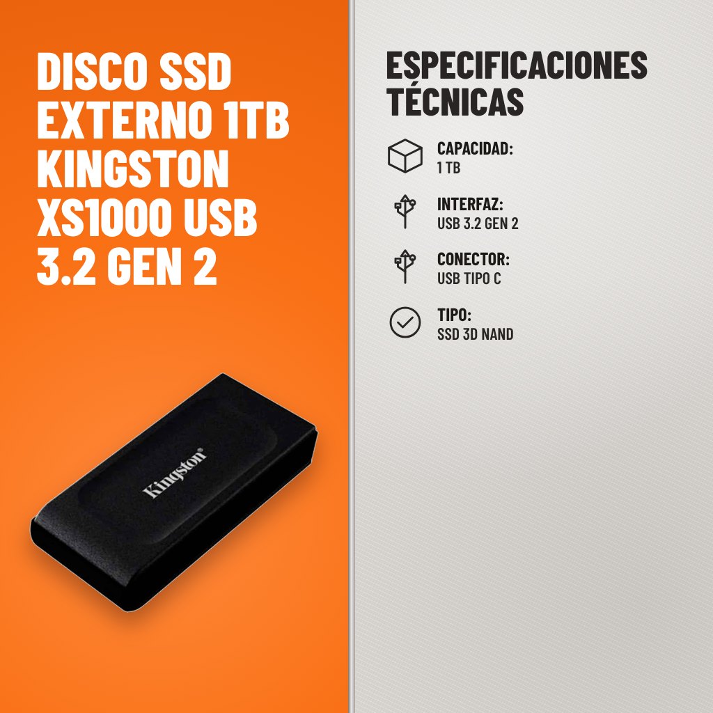 Especificaciones técnicas de Disco SSD Externo 1TB Kingston XS1000 USB 3.2 Gen 2