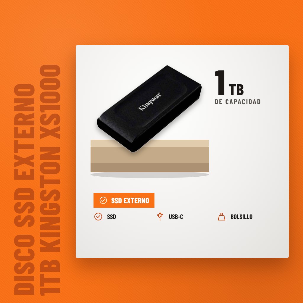 Disco SSD Externo 1TB Kingston XS1000 USB 3.2 Gen 2 sobre soporte con sus beneficios principales