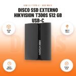 Disco SSD Externo Hikvision T300S 512 GB USB-C: imagen promocional con 512 gb ssd, usb 3.1 tipo-c, hasta 500 mb/s, plug & play