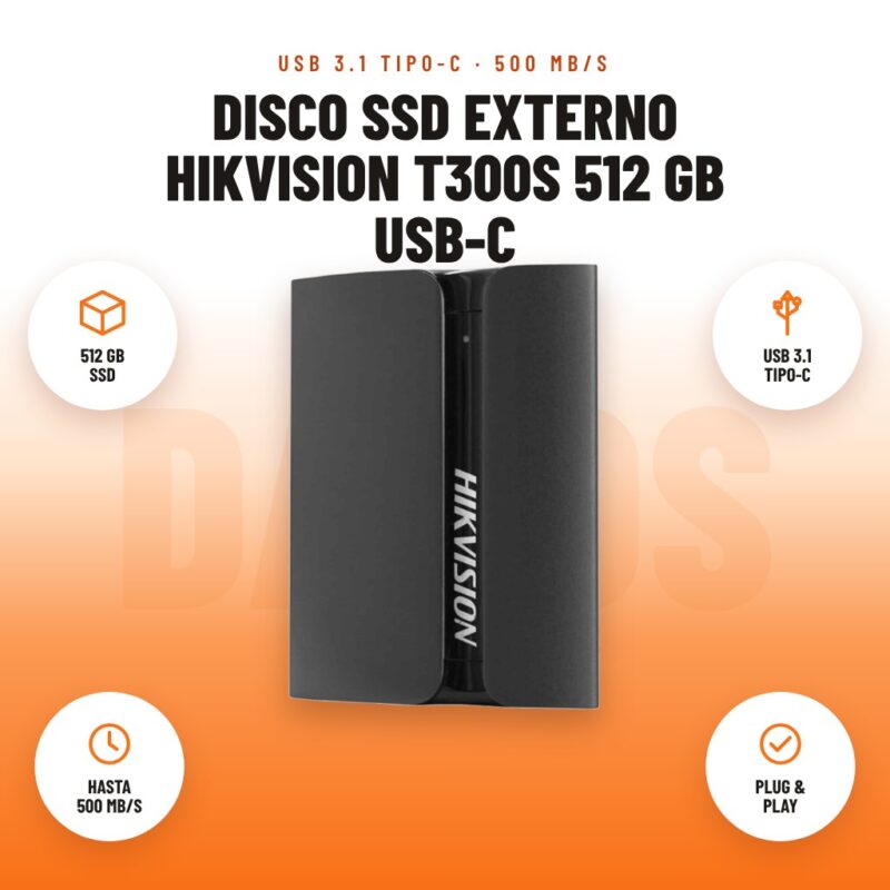 Disco SSD Externo Hikvision T300S 512 GB USB-C: imagen promocional con 512 gb ssd, usb 3.1 tipo-c, hasta 500 mb/s, plug & play