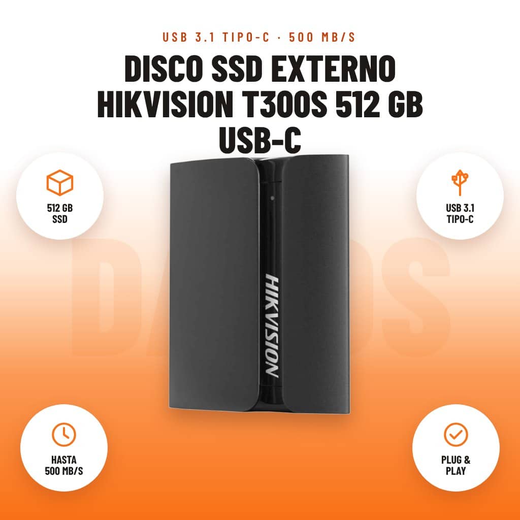 Disco SSD Externo Hikvision T300S 512 GB USB-C: imagen promocional con 512 gb ssd, usb 3.1 tipo-c, hasta 500 mb/s, plug & play