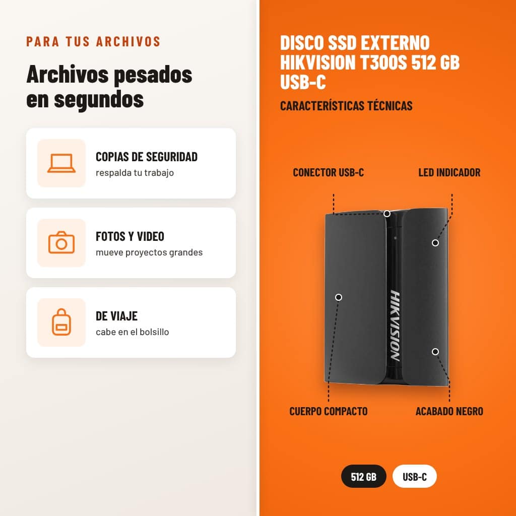 Disco SSD Externo Hikvision T300S 512 GB USB-C: usos y características técnicas señaladas