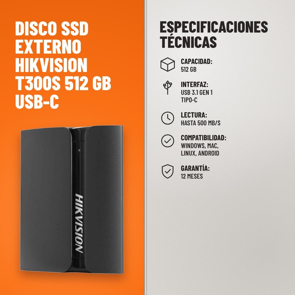 Especificaciones técnicas de Disco SSD Externo Hikvision T300S 512 GB USB-C
