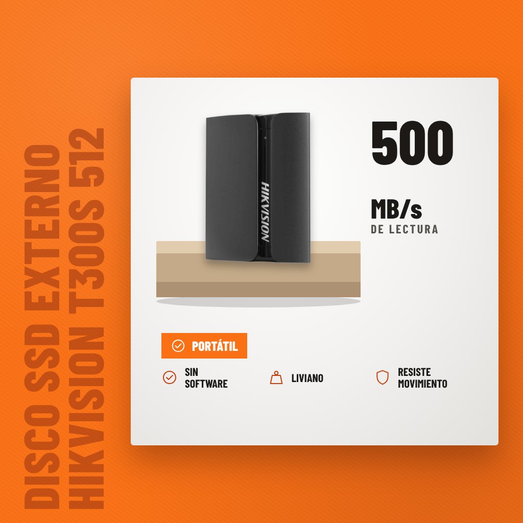 Disco SSD Externo Hikvision T300S 512 GB USB-C sobre soporte con sus beneficios principales