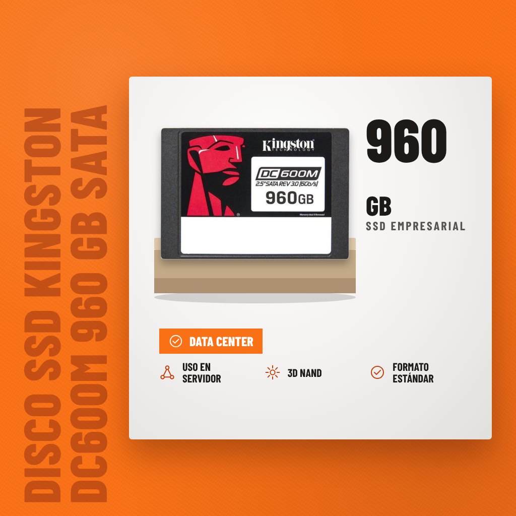 Disco SSD Kingston DC600M 960 GB SATA para Servidor sobre soporte con sus beneficios principales