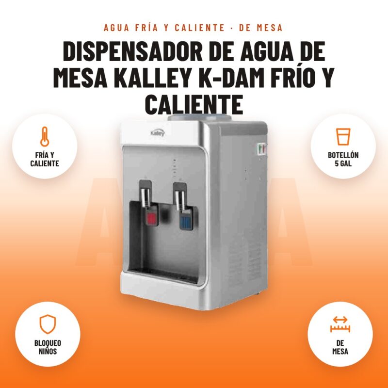 Dispensador de Agua de Mesa Kalley K-DAM Frío y Caliente: imagen promocional con fría y caliente, botellón 5 gal, bloqueo niños, de mesa